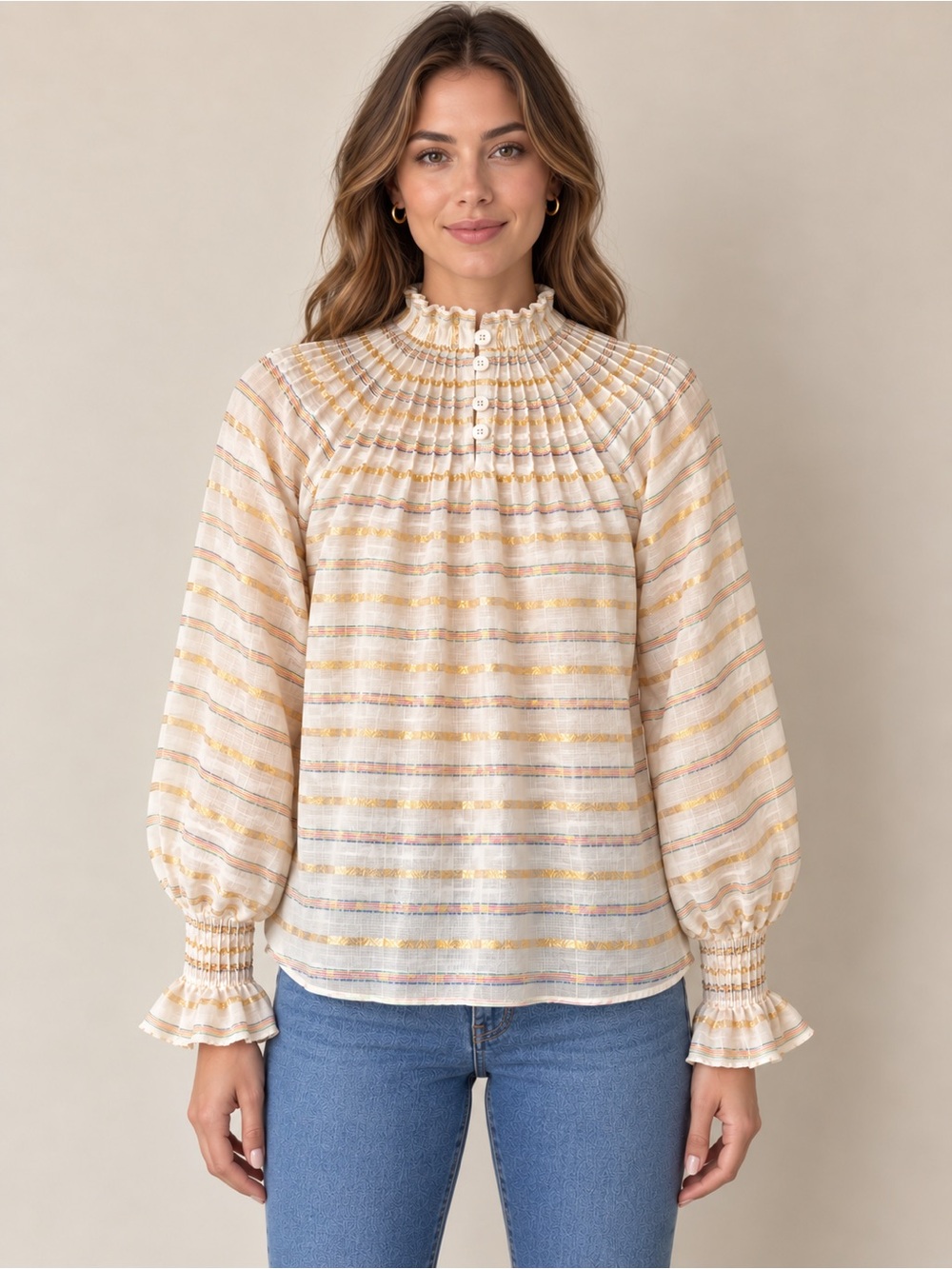 NWT A Loves A Smocked High-Neck Striped Blouse in Cream and Gold SZ XS